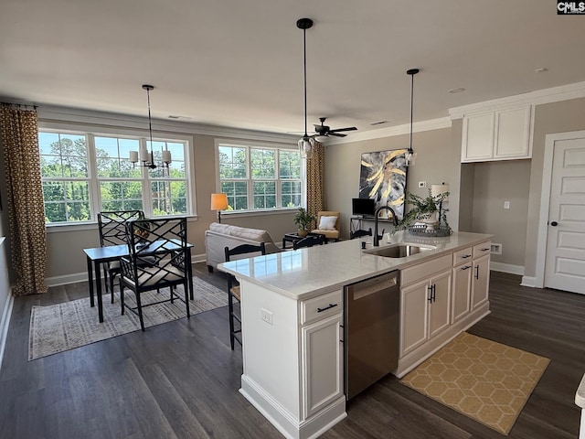 1016 Manarola Rd, Lexington, SC 29072 - kitchen with dishwasher, a sink, a ceiling fan, white cabinetry, and baseboards