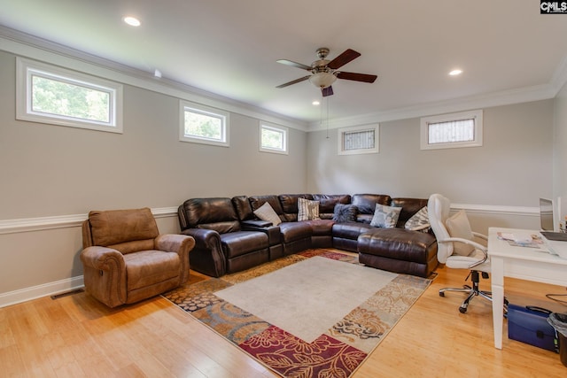 1029 Maxcy St, Columbia, SC 29201 - living room with a ceiling fan, crown molding, wood finished floors, baseboards, and recessed lighting