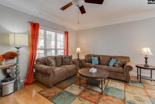 1029 Maxcy St, Columbia, SC 29201 - living area featuring a ceiling fan, crown molding, wood finished floors, and baseboards
