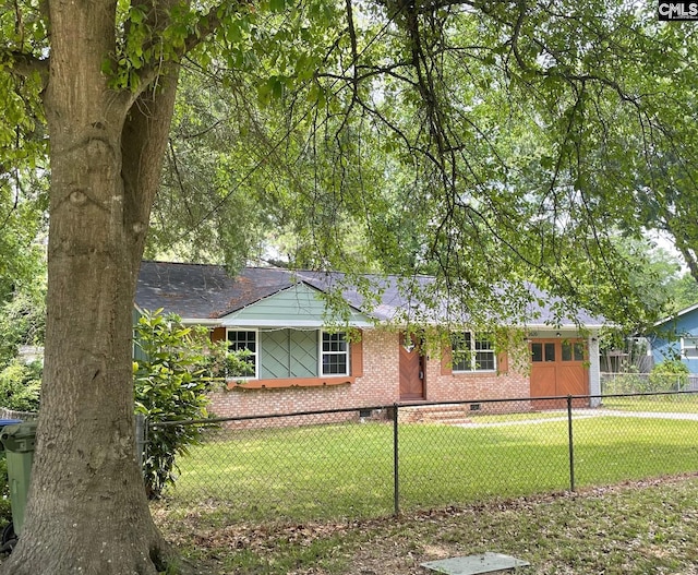 single story home with crawl space, brick siding, and a shingled roof