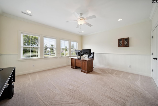 3011 River Vista Way, Mount Pleasant, SC 29466 - office area featuring ceiling fan, wainscoting, light colored carpet, crown molding, and recessed lighting