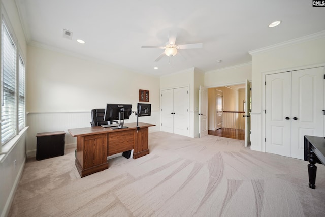 3011 River Vista Way, Mount Pleasant, SC 29466 - home office with light carpet, ceiling fan, recessed lighting, a wainscoted wall, and ornamental molding