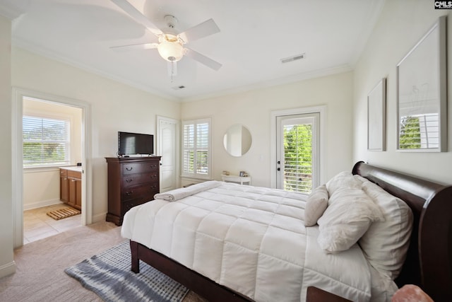 3011 River Vista Way, Mount Pleasant, SC 29466 - bedroom with access to exterior, multiple windows, ornamental molding, light colored carpet, and light tile patterned flooring