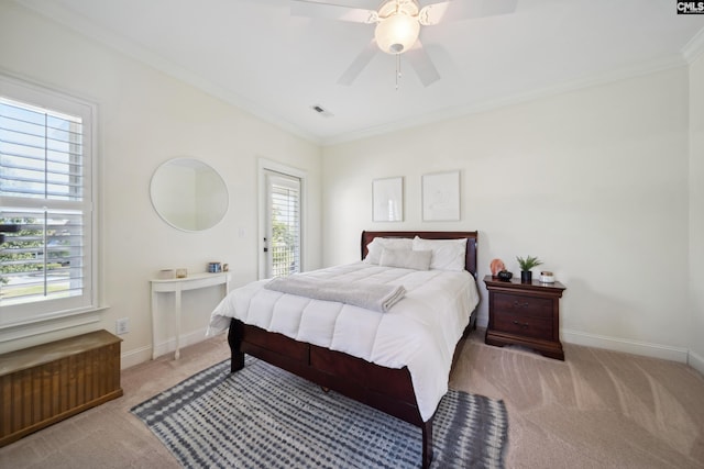 3011 River Vista Way, Mount Pleasant, SC 29466 - bedroom with carpet floors, ornamental molding, baseboards, access to outside, and a ceiling fan
