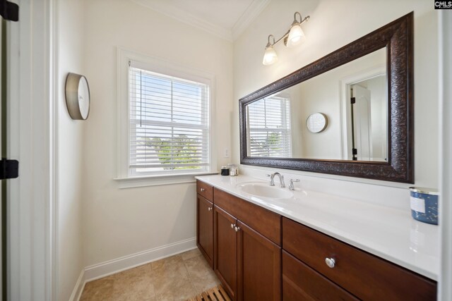 3011 River Vista Way, Mount Pleasant, SC 29466 - bathroom featuring crown molding, vanity, baseboards, and tile patterned floors