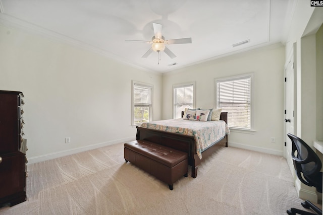 3011 River Vista Way, Mount Pleasant, SC 29466 - bedroom with light colored carpet, baseboards, ornamental molding, and a ceiling fan