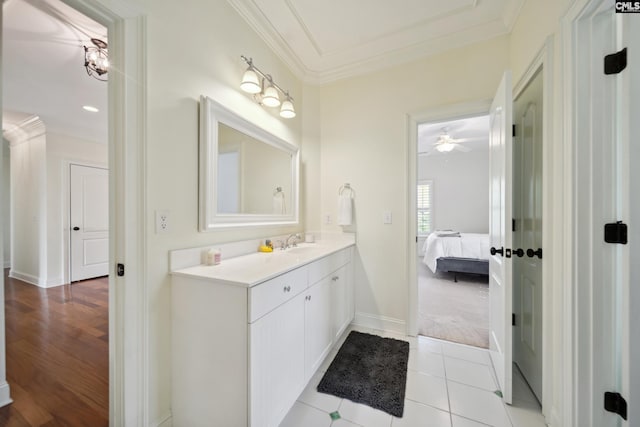 3011 River Vista Way, Mount Pleasant, SC 29466 - ensuite bathroom featuring ornamental molding, vanity, ceiling fan, and baseboards