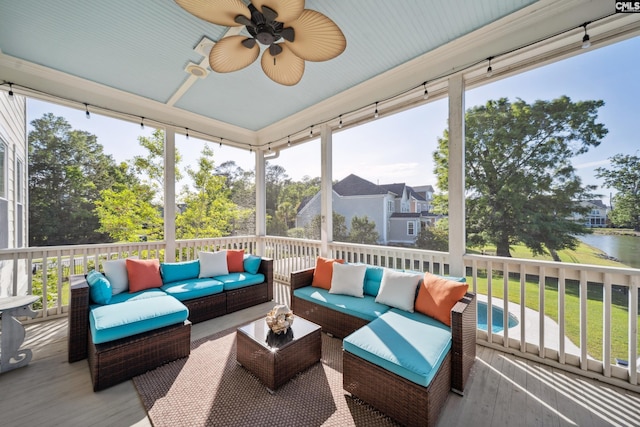 3011 River Vista Way, Mount Pleasant, SC 29466 - sunroom / solarium with a ceiling fan, a water view, and an outdoor hangout area