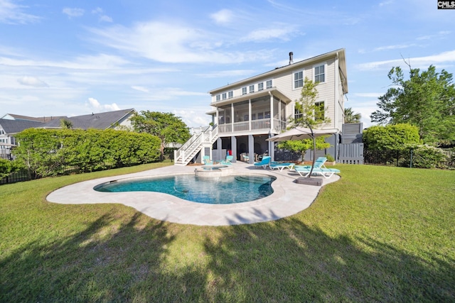 3011 River Vista Way, Mount Pleasant, SC 29466 - rear view of property with a sunroom, stairs, a patio, and a pool with connected hot tub