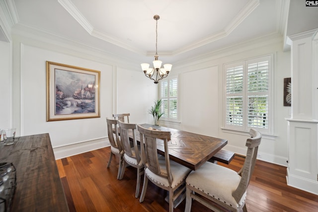 3011 River Vista Way, Mount Pleasant, SC 29466 - dining area with a chandelier, dark wood-type flooring, ornamental molding, and a tray ceiling