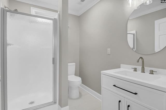 bathroom with crown molding, a stall shower, baseboards, and toilet