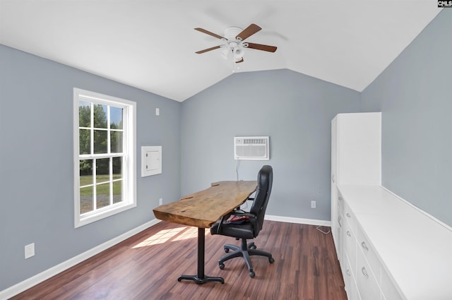 office space with a wall unit AC, a ceiling fan, dark wood-style flooring, vaulted ceiling, and baseboards