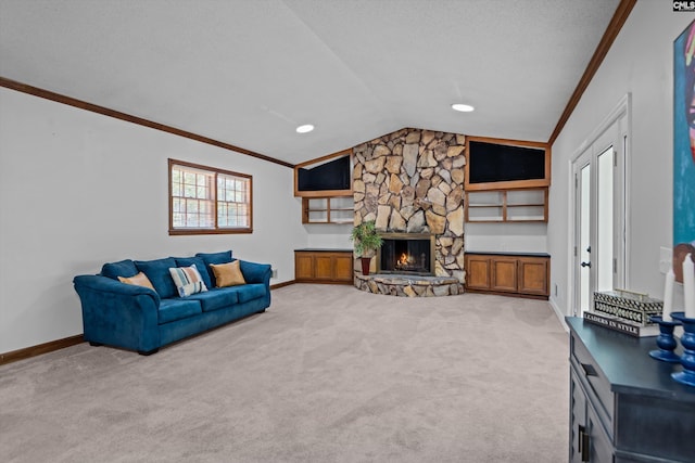 3040 Barnes Springs Rd, Columbia, SC 29204 - carpeted living area featuring crown molding, lofted ceiling, baseboards, and a fireplace