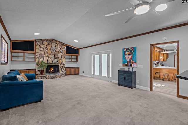 3040 Barnes Springs Rd, Columbia, SC 29204 - living area featuring crown molding, vaulted ceiling, carpet floors, baseboards, and a textured ceiling