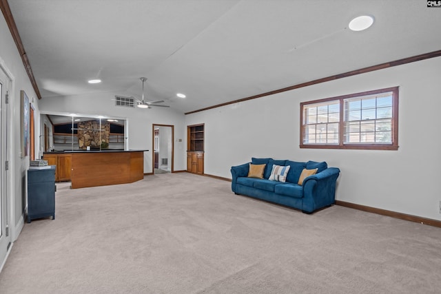 3040 Barnes Springs Rd, Columbia, SC 29204 - unfurnished living room featuring lofted ceiling, baseboards, light carpet, ornamental molding, and ceiling fan