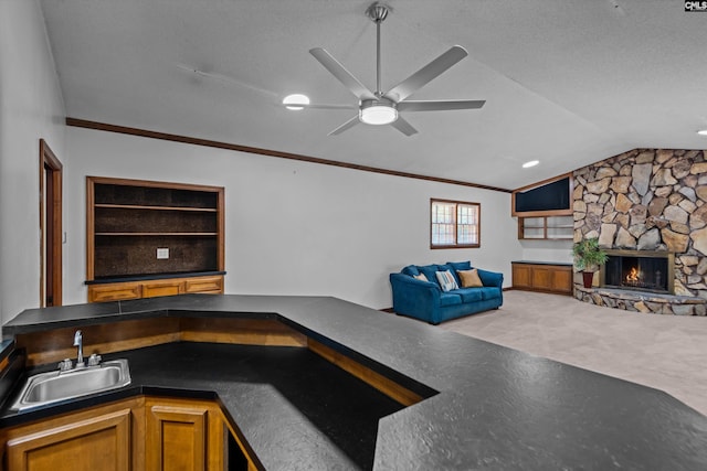 3040 Barnes Springs Rd, Columbia, SC 29204 - unfurnished living room with a sink, crown molding, ceiling fan, lofted ceiling, and a stone fireplace