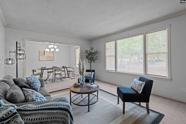 3040 Barnes Springs Rd, Columbia, SC 29204 - carpeted living area featuring a chandelier, ornamental molding, a textured ceiling, and baseboards