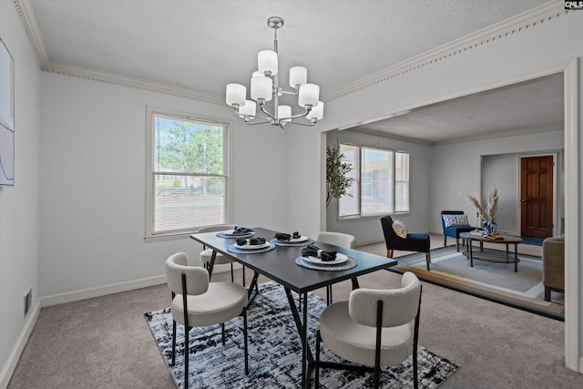 3040 Barnes Springs Rd, Columbia, SC 29204 - carpeted dining room featuring a chandelier, plenty of natural light, ornamental molding, baseboards, and a textured ceiling