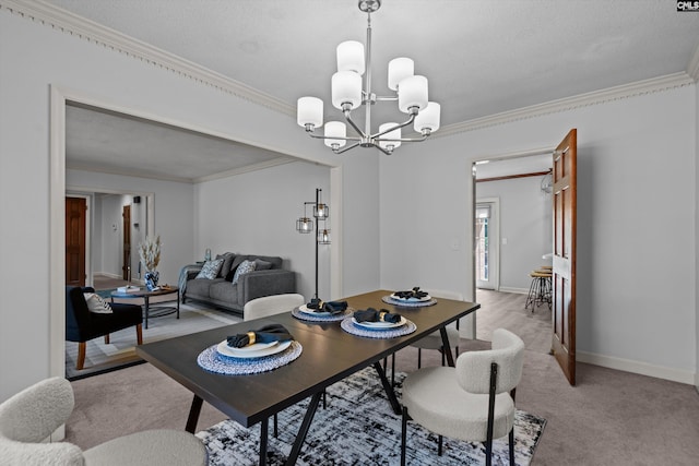 3040 Barnes Springs Rd, Columbia, SC 29204 - dining room featuring a chandelier, crown molding, light colored carpet, and baseboards