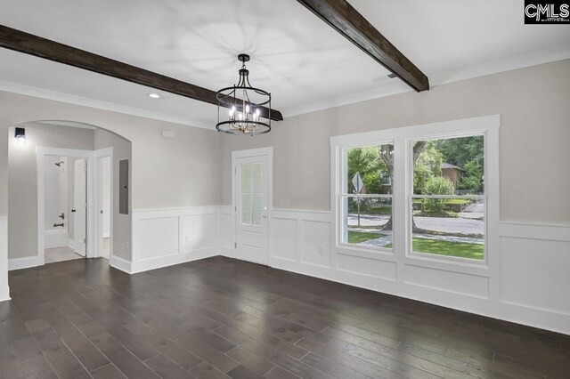 1409 Woodrow St, Columbia, SC 29205 - unfurnished dining area with beam ceiling, arched walkways, dark wood-style flooring, a chandelier, and electric panel