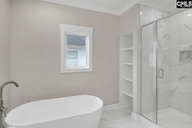 1409 Woodrow St, Columbia, SC 29205 - full bathroom with marble finish flooring, a marble finish shower, a freestanding bath, and baseboards