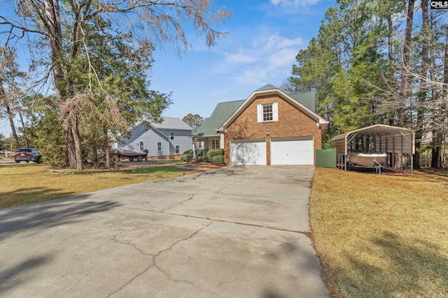 316 Smallwood Dr, Chapin, SC 29036 - view of front of home featuring brick siding, a front lawn, driveway, a garage, and a detached carport