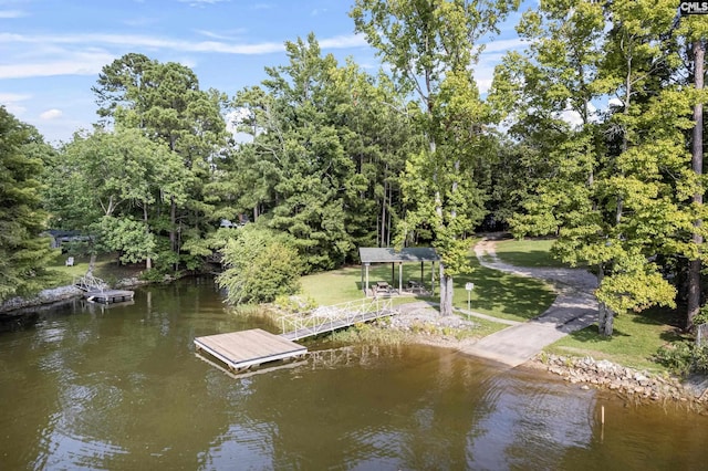 316 Smallwood Dr, Chapin, SC 29036 - dock area with a water view, view of wooded area, and a lawn