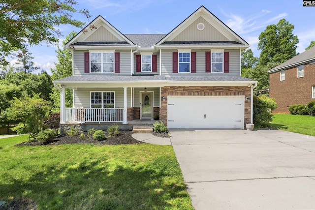 craftsman inspired home with an attached garage, covered porch, a front yard, board and batten siding, and concrete driveway