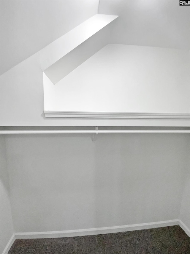spacious closet featuring dark colored carpet and vaulted ceiling