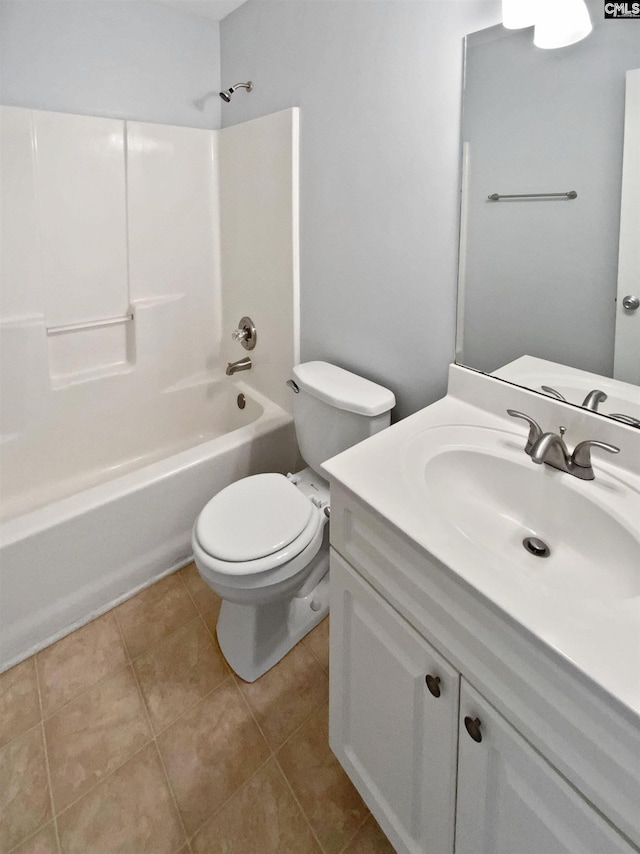 full bath featuring tile patterned floors, toilet, shower / tub combination, and vanity
