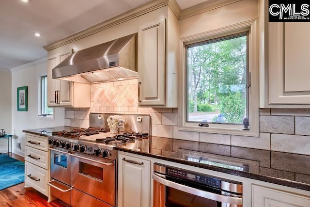 kitchen featuring appliances with stainless steel finishes, wall chimney range hood, ornamental molding, plenty of natural light, and decorative backsplash