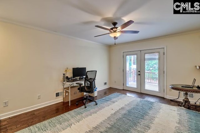 home office with french doors, wood finished floors, crown molding, a ceiling fan, and baseboards
