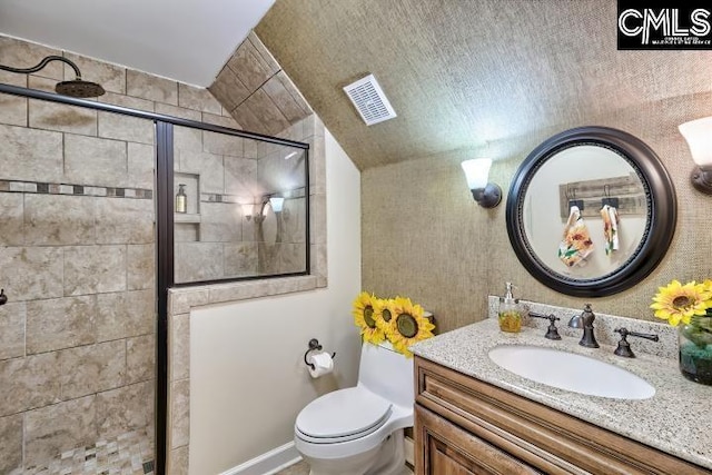 bathroom with a shower stall, vanity, toilet, and lofted ceiling