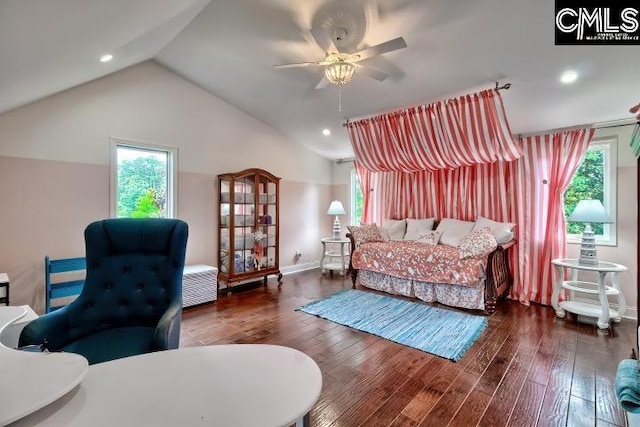 bedroom with wood finished floors, lofted ceiling, a ceiling fan, recessed lighting, and baseboards