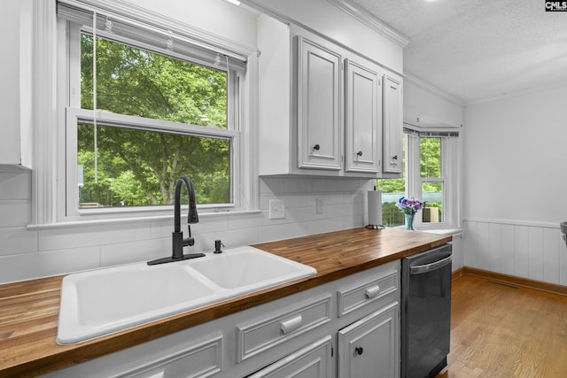 kitchen with wooden counters, a sink, a textured ceiling, healthy amount of natural light, and light wood-style floors