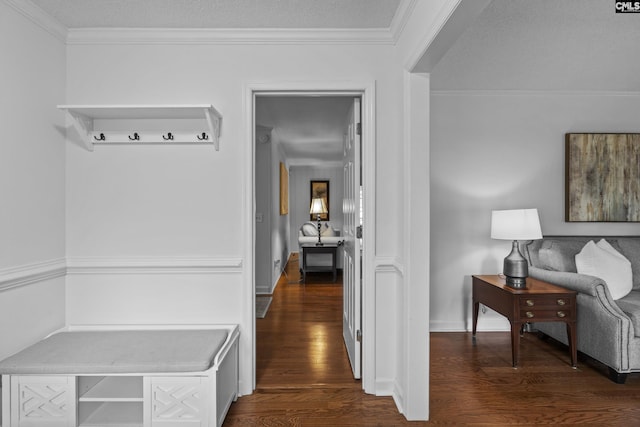 mudroom featuring dark wood-style floors, ornamental molding, and baseboards