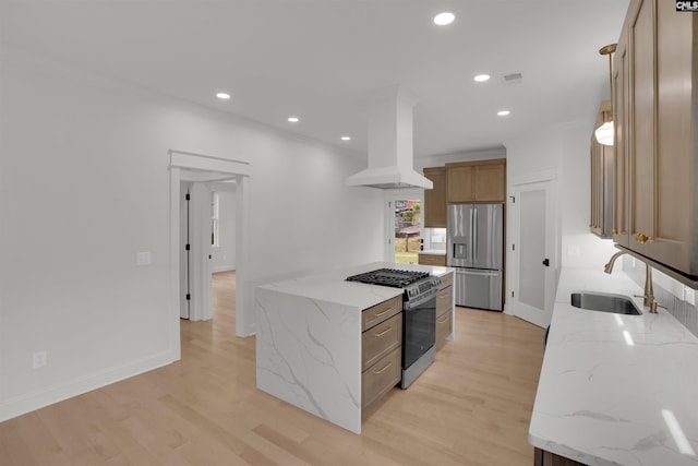 1020 W Confederate Ave, Columbia, SC 29201 - kitchen with stainless steel refrigerator with ice dispenser, range with gas stovetop, a sink, extractor fan, and ornamental molding