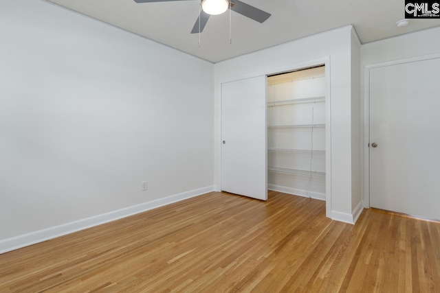 3901 Overdale Dr, Columbia, SC 29223 - unfurnished bedroom with light wood-style floors, a closet, baseboards, and a ceiling fan