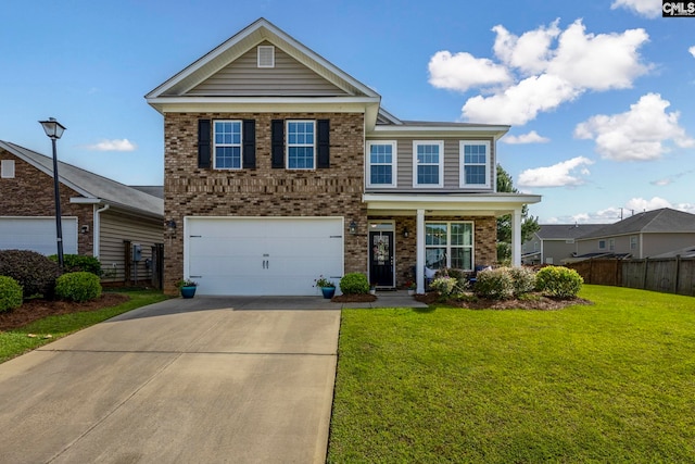 traditional home with brick siding, concrete driveway, a garage, and a porch