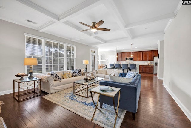 living room featuring baseboards, coffered ceiling, ceiling fan, dark wood finished floors, and beam ceiling