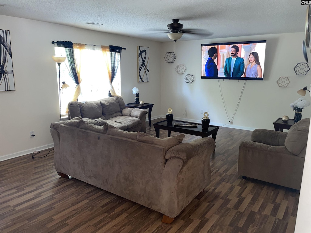 445 Dukes Hill Rd, Columbia, SC 29223 - living room featuring dark wood-style floors, a ceiling fan, and a textured ceiling