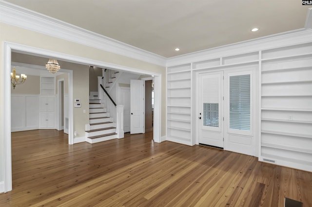 177 Preserve Ln, Columbia, SC 29209 - foyer featuring ornamental molding, a chandelier, stairway, hardwood / wood-style floors, and recessed lighting