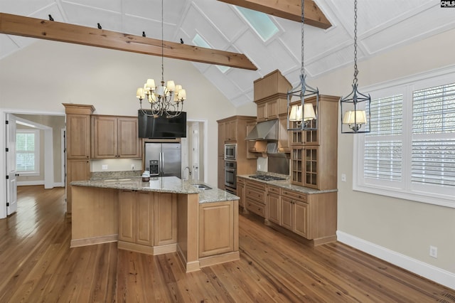 177 Preserve Ln, Columbia, SC 29209 - kitchen with a chandelier, a sink, appliances with stainless steel finishes, high vaulted ceiling, and hardwood / wood-style flooring