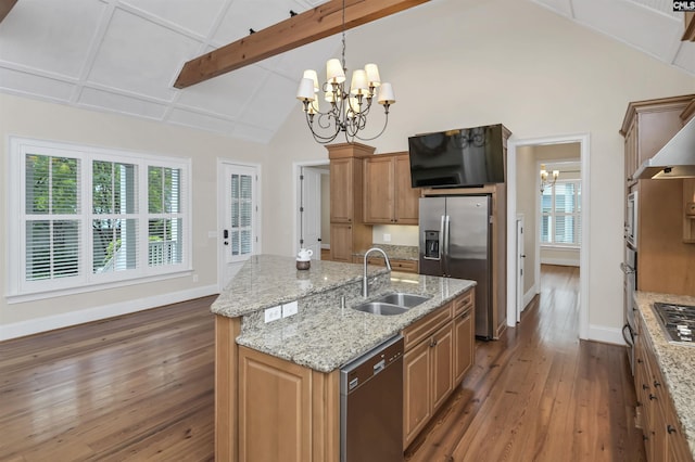 177 Preserve Ln, Columbia, SC 29209 - kitchen featuring a sink, stainless steel appliances, dark wood finished floors, a chandelier, and baseboards