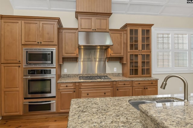 177 Preserve Ln, Columbia, SC 29209 - kitchen featuring a sink, appliances with stainless steel finishes, light stone counters, glass insert cabinets, and wood finished floors