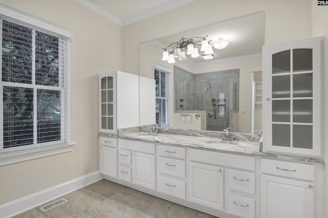 177 Preserve Ln, Columbia, SC 29209 - bathroom with a stall shower, ornamental molding, double vanity, a chandelier, and baseboards