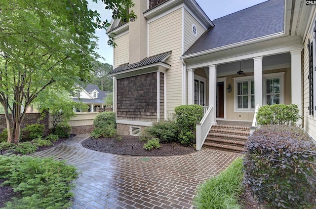 177 Preserve Ln, Columbia, SC 29209 - doorway to property featuring ceiling fan, fence, a porch, a chimney, and roof with shingles