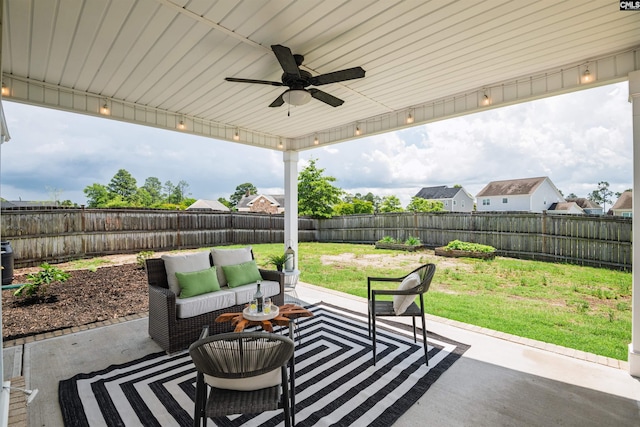 view of patio / terrace featuring ceiling fan and an outdoor hangout area