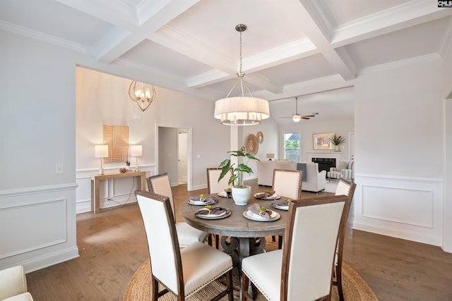 dining area with coffered ceiling, wood finished floors, beam ceiling, a fireplace, and a chandelier