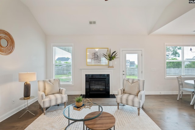living area featuring vaulted ceiling, plenty of natural light, baseboards, a glass covered fireplace, and wood finished floors